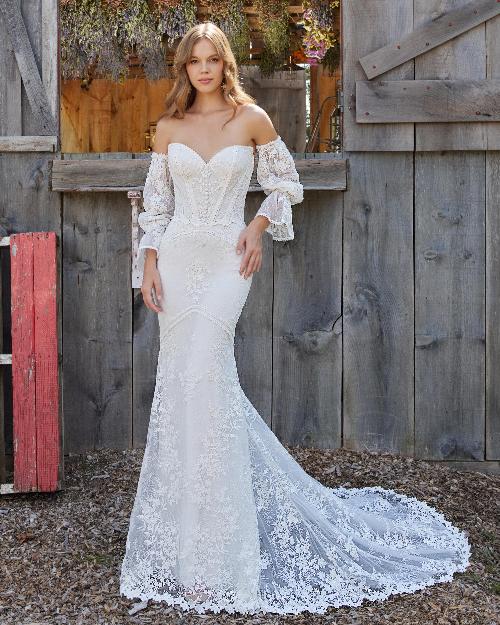 Lp2227 strapless boho wedding dress with lace and sheath silhouette1